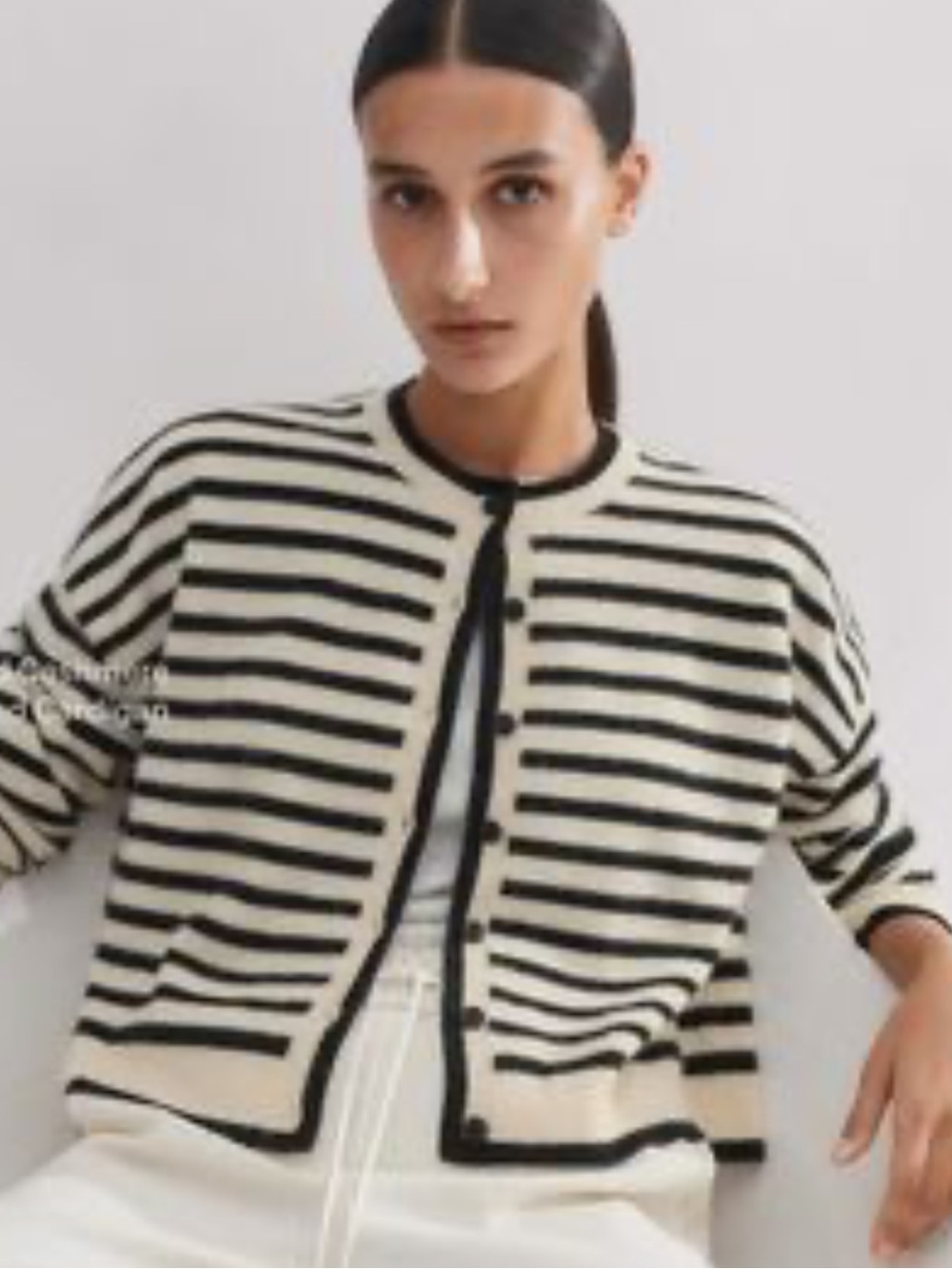 Tahari Cream and Black Striped Button-Front Cardigan